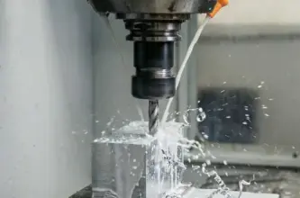 cnc milling in progress on a block of stainless steel.