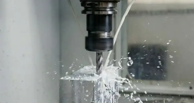 cnc milling in progress on a block of stainless steel.