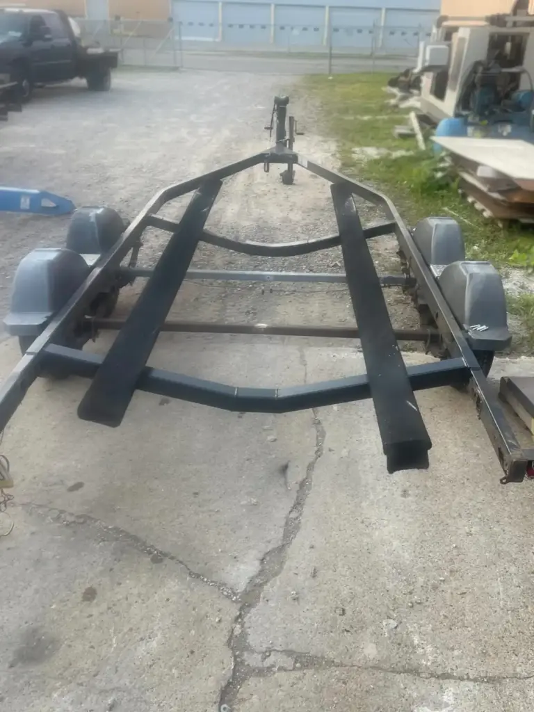Completed boat trailer frame repair at Iron Mann Industries in Flint, MI, ready for delivery.