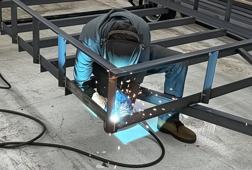 AWS certified welding professional completing the final welds on a welding service project in our new Flint MI metal and machine shop facility.