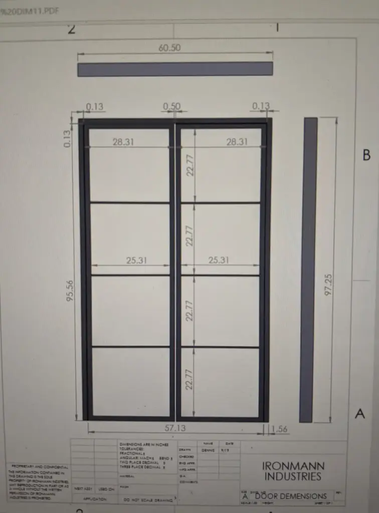 Dimensioned CAD shop drawing of a custom steel French door by IronMann Industries, drawn by Dennis, showing 60.5 inch width and 97.25 inch height