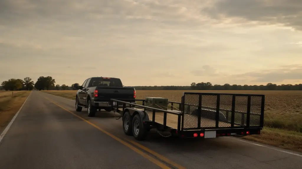 Pickup truck towing a tandem-axle utility trailer on a rural Michigan road at sunset, illustrating Michigan trailer law topics.