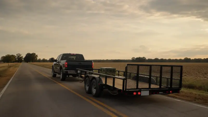 Pickup truck towing a tandem-axle utility trailer on a rural Michigan road at sunset, illustrating Michigan trailer law topics.