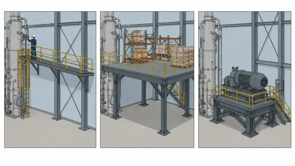 Three-panel diagram comparing an access catwalk, a storage mezzanine, and an equipment platform in the same industrial bay
