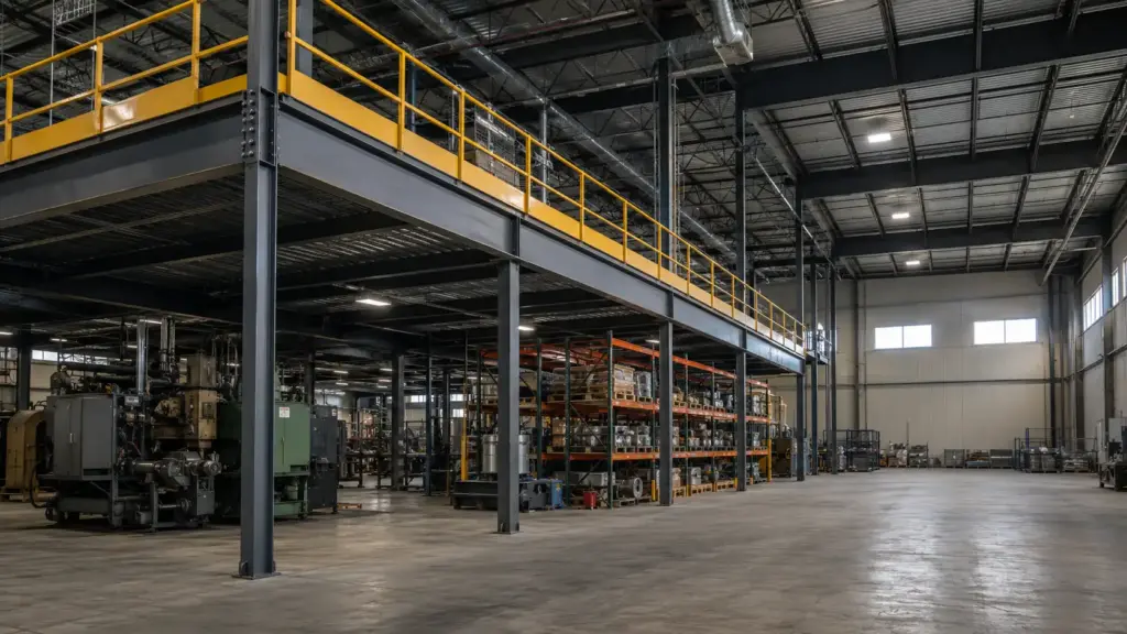 Steel mezzanine platform with guardrail and bar grating deck built above the floor of an industrial building