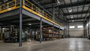 Steel mezzanine platform with guardrail and bar grating deck built above the floor of an industrial building