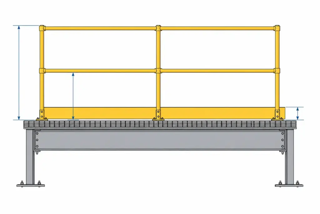 Elevation diagram of a guardrail system on an elevated steel walkway showing top rail, midrail, toeboard, and deck section with blank dimension arrows