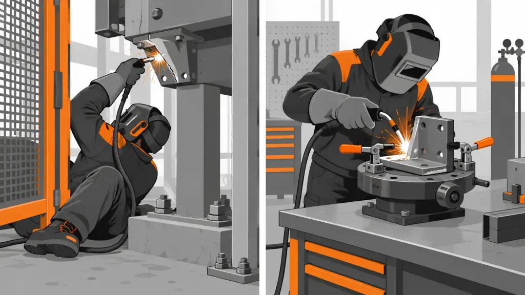 Comparison illustration showing an overhead field weld on an anchored machine base beside the same joint rotated flat on a shop fixture.