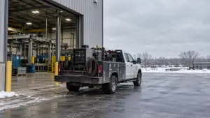 Service truck with a skid mounted welding rig parked at an industrial plant loading dock on an overcast winter day.