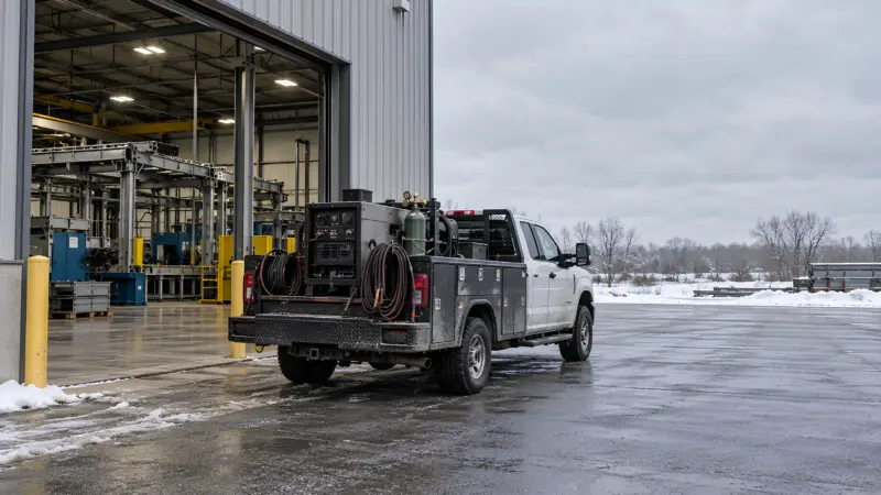 Service truck with a skid mounted welding rig parked at an industrial plant loading dock on an overcast winter day.